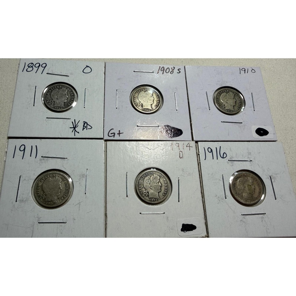 Barber Dime Lot 6 Coins 1899-O 1908-S 1910 1911 1914-D 1916 US Silver‎ Coinage